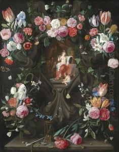 A Garland Of Flowers, Including Irises, Parrot Tulips And Roses, Surrounding A Stone Niche Inset With A Vanitas Scene by Jan van Kessel
