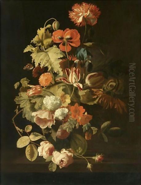 Still Life With A Bouquet Of Flowers Including A Parrot Tulip, Roses And An Iris - view 1