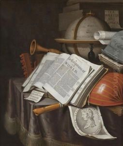 A Vanitas Still Life With A Globe And An Atlas Open On Draped Table Along With A Lute And An Engraving Of Caesar Octavianus Augustus