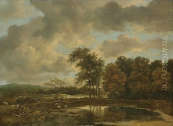 Landscape With A Shepherd Watering His Flock By A Pond At The Edge Of A Wood - view 1