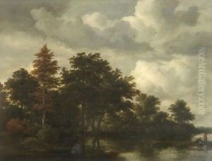 A Wooded Landscape With Figures By A River by Jacob Van Ruisdael