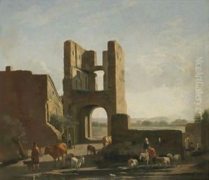 Italianate Landscape With Herdsmen And Women With Sheep, Goats And Cows Grazing Beneath A Ruined Gate Tower by Gerrit Adriaensz Berckheyde