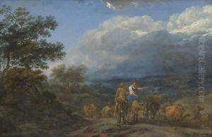 A Hilly Landscape With Herdsmen And Cattle by Nicolaes Berchem