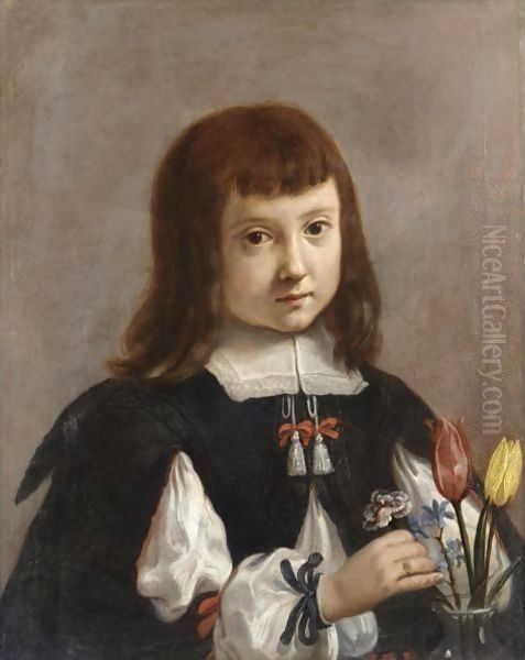 Portrait Of A Young Boy, Half Length, Arranging Flowers In A Vase - view 1