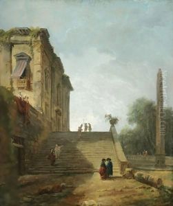 Capriccio Landscape With Figures Ascending A Staircase Near An Obelisk In The Gardens Of A Villa