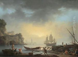 A Mediterranean Coastal Scene With Fishermen Bringing In Their Boats And A Man Of War At Anchor Beyond by Claude-joseph Vernet