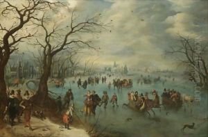 A Winter Landscape With Figures Skating On A Frozen River, Prince Maurits Of Orange-Nassau With A Hunting Party In The Foreground by Adriaen Pietersz. Van De Venne