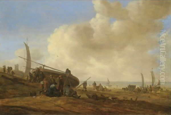 A Beach Scene, Possibly At Egmond-Aan-Zee, With Figures Pushing Off An Unrigged Fishing Pink - view 1