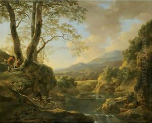 An Extensive River Landscape With Herdsmen Resting Their Goats Under A Tree