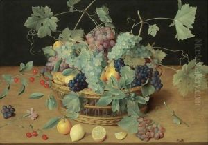 A Still Life With Fruit In A Basket, Including Bunches Of Grapes And Lemons, Cherries And Oranges On The Wooden Table Beneath