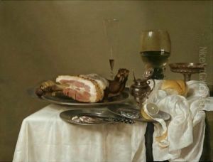 A Still Life With A Roemer, A Silver Tazza, A Fluted Wine-Glass, A Mustard Jar, A Ham And A Partly Peeled Lemon On Pewter Dishes