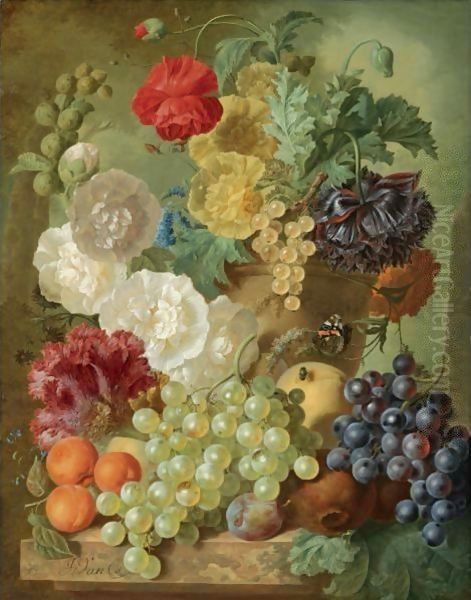 A Still Life With Hollyhocks, Poppies, An Anemone, Other Flowers And White-Currants In A Terracotta Vase - view 1