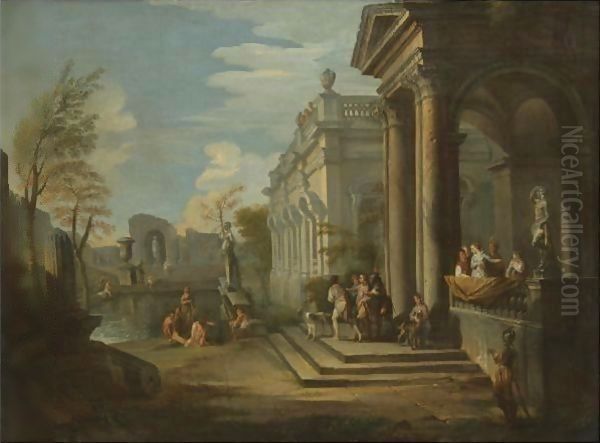 An Architectural Capriccio With Figures At A Balcony And Bathers In A Pool Nearby - view 1