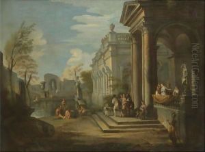 An Architectural Capriccio With Figures At A Balcony And Bathers In A Pool Nearby by Giovanni Paolo Panini