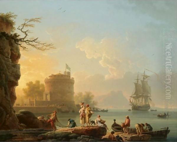 A Mediterranean Harbour Scene At Sunset, With Fishermen Unloading Their Catch Before A Round Fortress, A Man-Of-War At Anchor Beyond - view 1