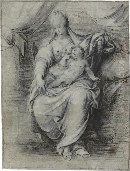The Madonna And Child, Seated On A Throne In The Shape Of A Savonarola Chair, A Draped Curtain Behind Them - view 1