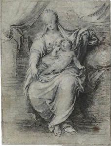 The Madonna And Child, Seated On A Throne In The Shape Of A Savonarola Chair, A Draped Curtain Behind Them