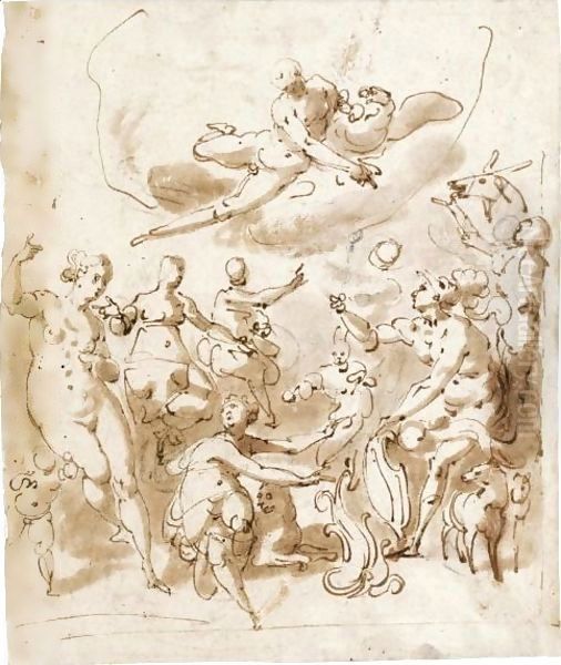 A Marriage, With Jupiter Above And Various Figures Below, One Holding A Shield - view 1