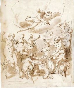 A Marriage, With Jupiter Above And Various Figures Below, One Holding A Shield