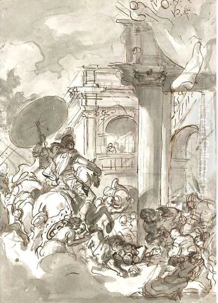 A Monarch Falling In Front Of Two Men On Horseback At The Entrance Of A Palace Crowded With People - view 1