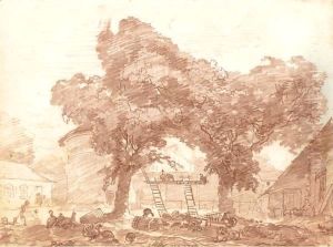 A Farmyard With Turkeys And Poultry In The Foreground, A Dog To The Right, A Chateau Beyond