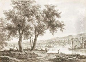 View Across A Landscaped Park, With A Country House To The Left And Figures By A Lake To The Right View Across A Landscaped Park, With A Country House To The Left And Figures By A Lake To The Right