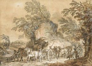 French Soldiers On The March, A Cannon Carriage In The Foreground by Jean-Baptiste Le Paon