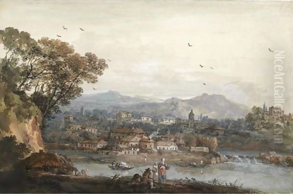 View Of A Town By A River, Figures In The Foreground - view 1