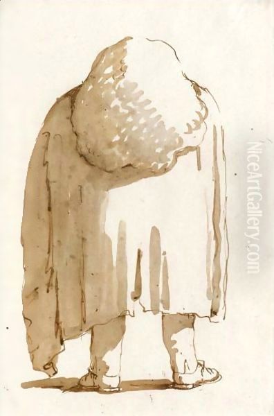 Caricature Of A Man Wearing A Large Wig And A Heavy Cloak Seen From Behind - view 1