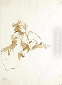 A Seated Figure Seen From Below, A Scarf Tied Around His Head by Giovanni Battista Tiepolo