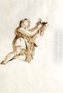 Study Of A Youth Holding Up A Cloak To The Right, Seen From Below