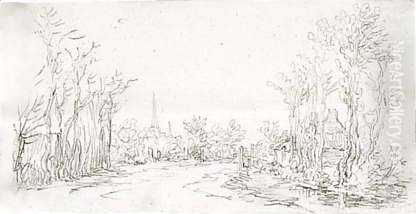 View Of A Road Entering A Village, With A Church Spire In The Background - view 1