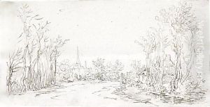 View Of A Road Entering A Village, With A Church Spire In The Background by Jan van Goyen