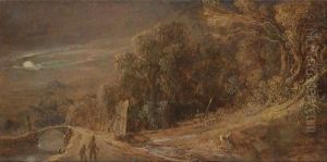 Wooded Landscape By Moonlight, With A Man And Child Walking Towards A Bridge by Pieter De With