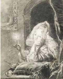 A Young Woman Seated At A Table, Holding A Candle Between Her Fingers by Godfried Schalcken