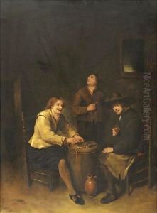 A Tavern Interior With Three Peasants Merry Making by Philips Koninck