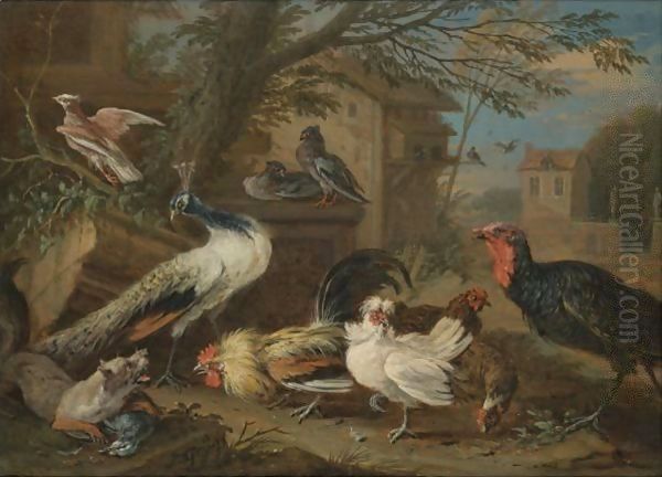 A Farmyard Still Life With A Peacock, Pigeons, Cockerels, And A Fox - view 1