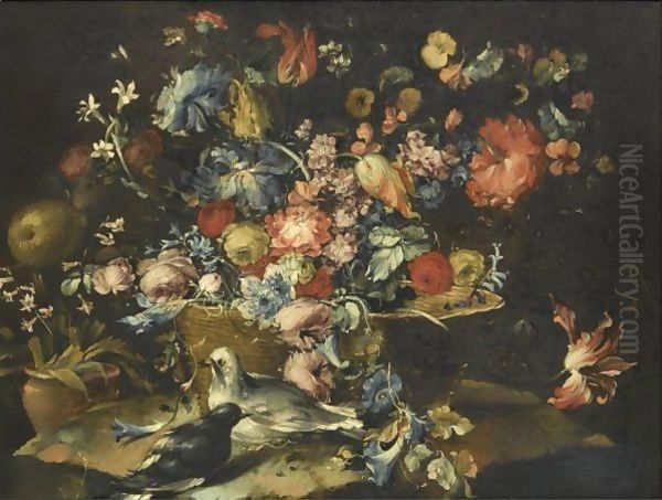 A Still With Various Flowers In A Basket, Together With Two Doves In Landscape - view 1