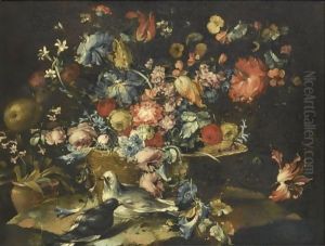 A Still With Various Flowers In A Basket, Together With Two Doves In Landscape by Francesco Guardi