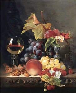 Still Life With A Wine Goblet And Silver Tazza, Grapes, Berries, Plums And Hazlenuts by Edward Ladell