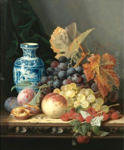 Still Life With A Chinese Vase, Grapes, Plums, Raspberries And A Peach On A Carved Wooden Tabletop