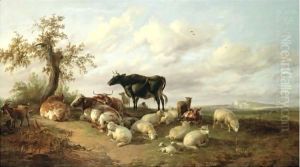 Cattle, Sheep And Goats In A Canterbury Meadow by Thomas Sidney Cooper