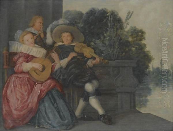 An Elegant Company Making Music On A Terrace Near Water - view 1