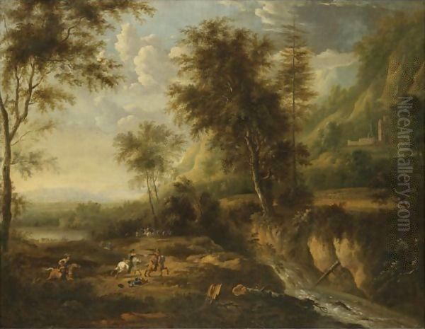 A Military Skirmish In An Expansive Wooded River Landscape - view 1