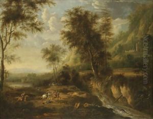 A Military Skirmish In An Expansive Wooded River Landscape