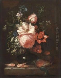 A Still Life With Roses, Honeysuckle, Other Flowers And Summer Fruits In A Glass Vase, Shrimps On The Stone Ledge Below by Joris Van Son