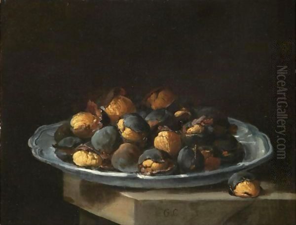 Still Life With Roasted Chestnuts On A White Plate Resting On A Stone Ledge - view 1