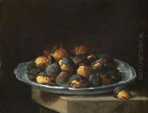 Still Life With Roasted Chestnuts On A White Plate Resting On A Stone Ledge by Giacomo Ceruti (Il Pitocchetto)