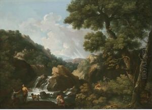 A Wooded River Landscape With Fishermen