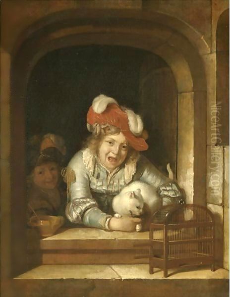 Two Children Playing With A Cat Holding A Bird In Its Jaws - view 1